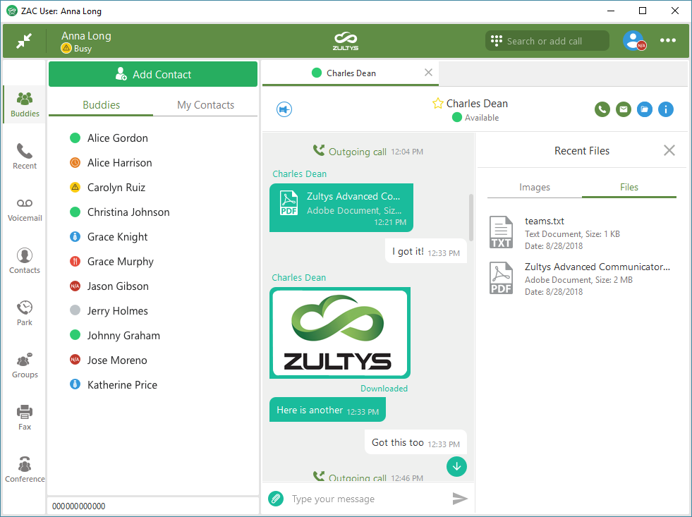 Zultys ZAC File Transfer View