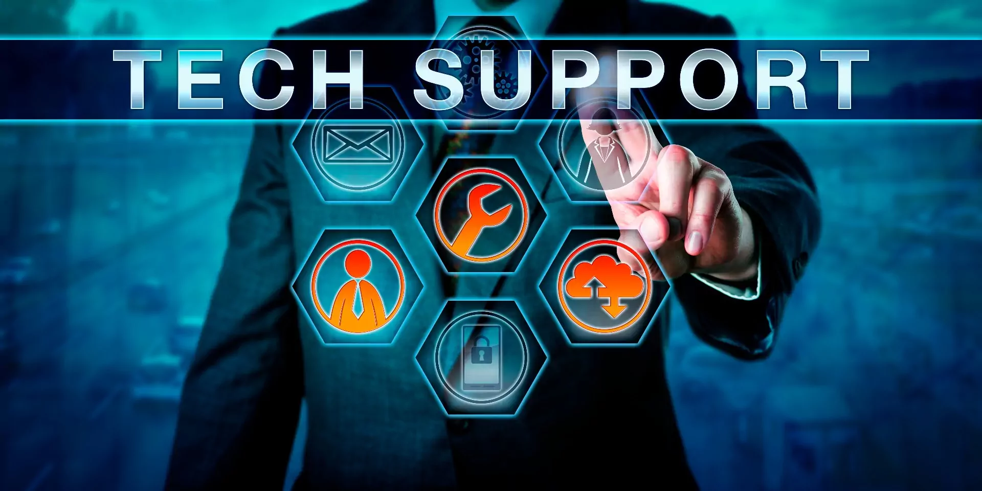man pressing tech support on an interactive touch screen monitor business managed it